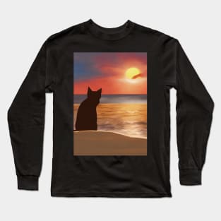 Cute Cat Watching Sunset Scene Long Sleeve T-Shirt